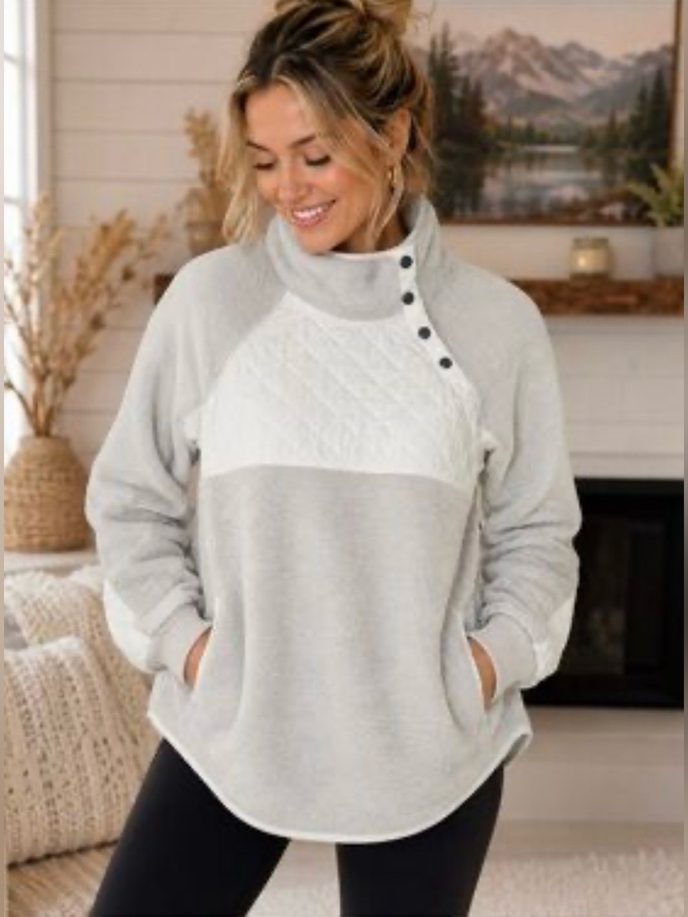 Abercrombie & Fitch Light Blue Quilted Funnel-Neck Snap-Up Pullover Sweatshirt